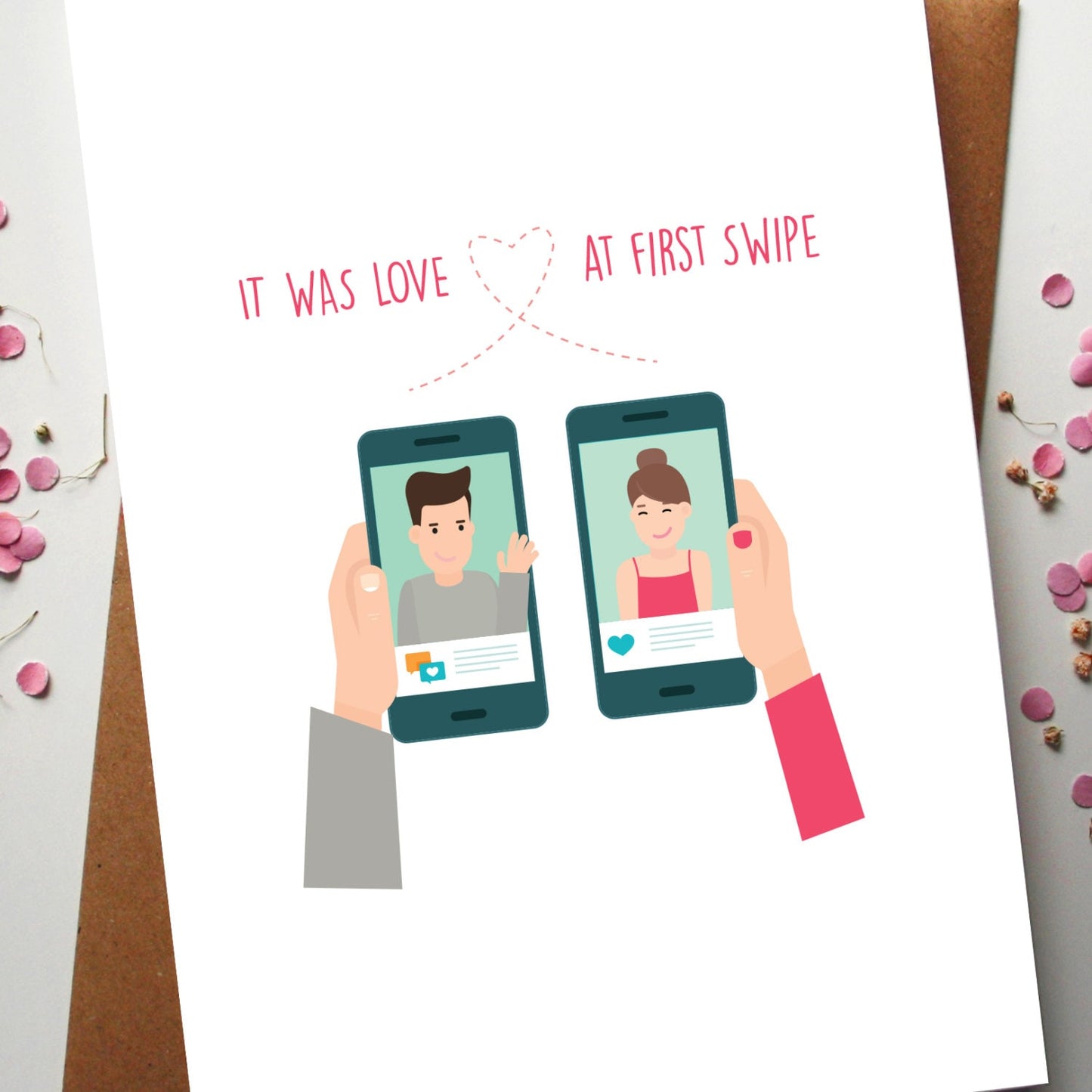 Love At First Swipe Card With Illustrated Couple