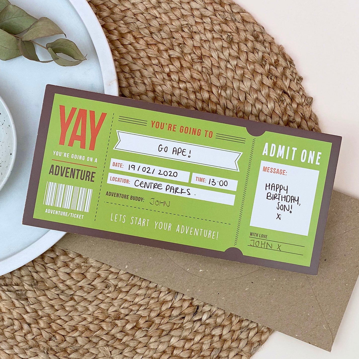 Adventure Ticket Gift Voucher handwritten for Go Ape adventure
