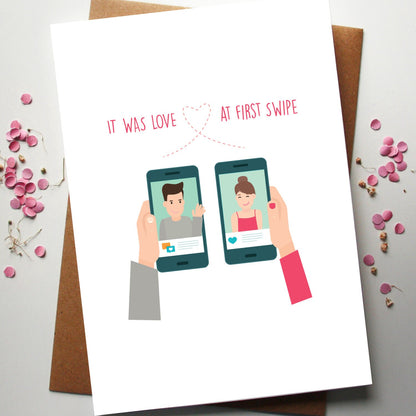 Love At First Swipe Card With Illustrated Couple