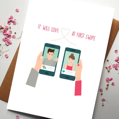 Love At First Swipe Card With Illustrated Couple