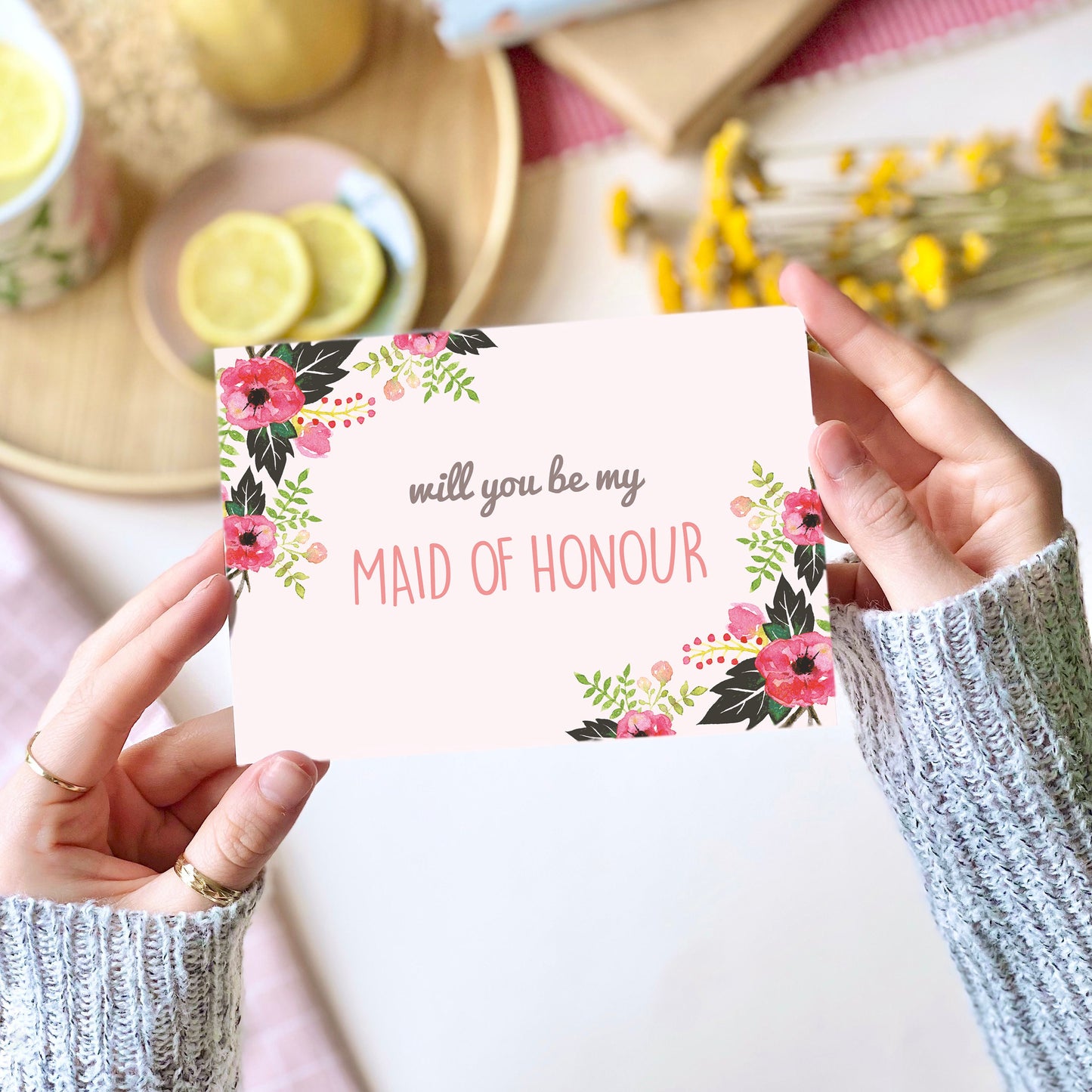 Will you be my Maid of Honour pink floral Card