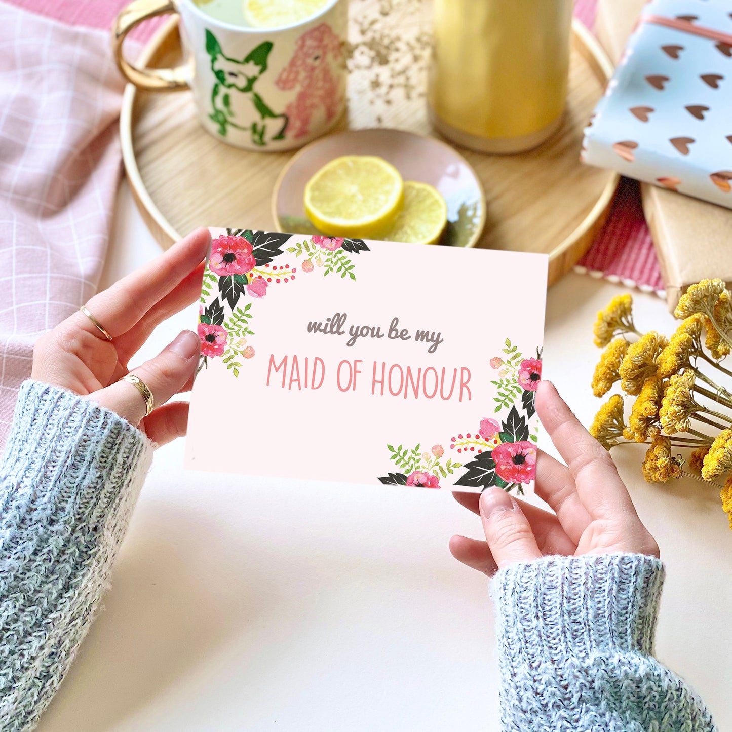 Will you be my Maid of Honour pink floral Card