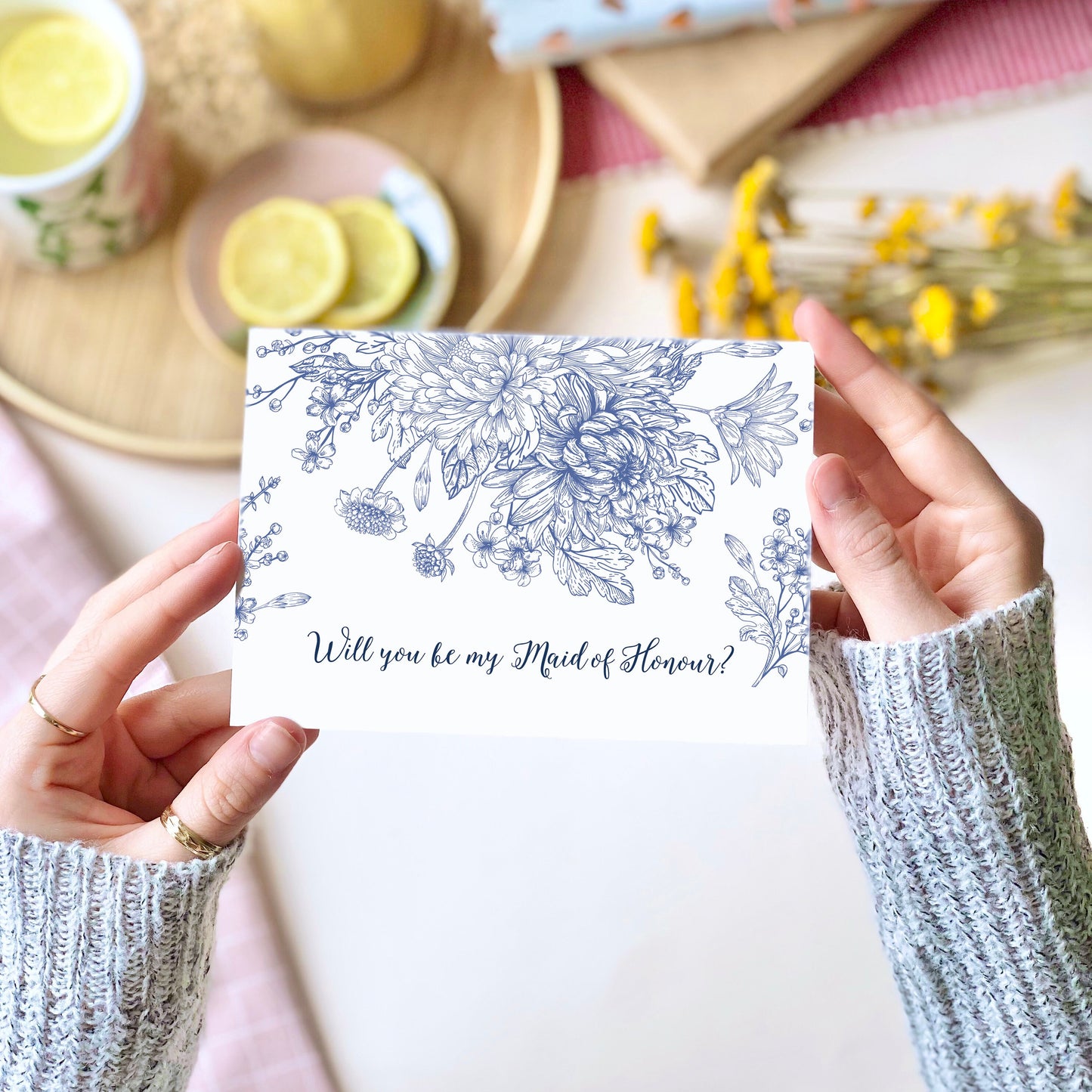 Will you be my Maid of Honour? Blue floral Card