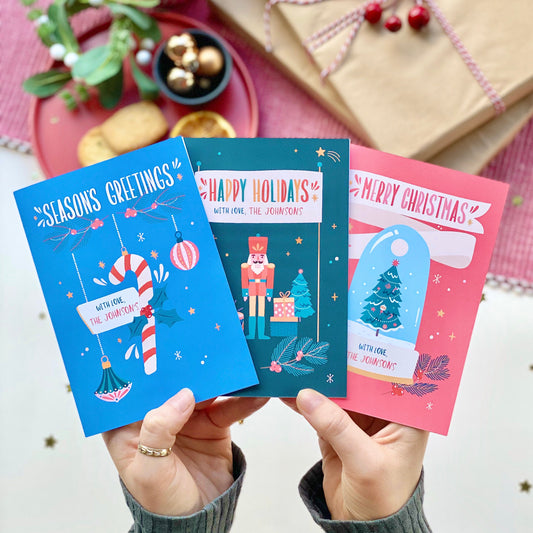 Set Of Three Personalised Christmas Cards Recycled